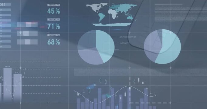 On startup analytics overlay animating data table sliding in meters filling forming dashboard