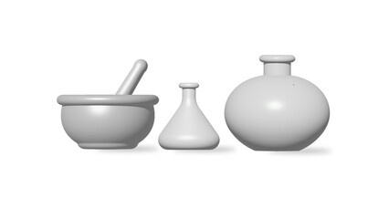 A clean 3D illustration of classic apothecary and laboratory equipment, including a mortar and pestle and flasks, on a white background.