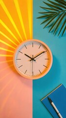 Clock and Palm Leaf Composition on Colorful Background