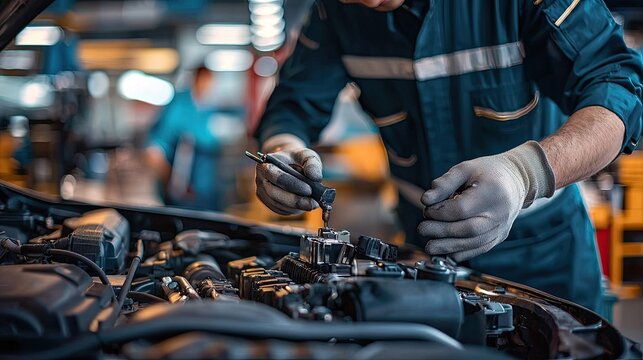 banner of automobile mechanic man and team checking car damage broken part condition, diagnostic and repairing vehicle at garage automotive, motor technician maintenance after service concept