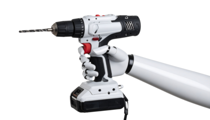 Robot hand holding drill machine isolated on transparent background.