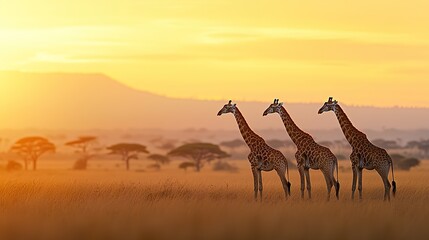 Giraffes gracefully feeding on acacia trees against a vast savannah backdrop, warm light, peaceful