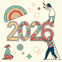 Year Celebration with Figures and Rainbow 2026 people