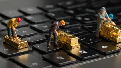 Miniature gold miners on a computer keyboard