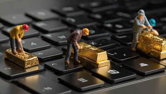 Miniature gold miners on a computer keyboard