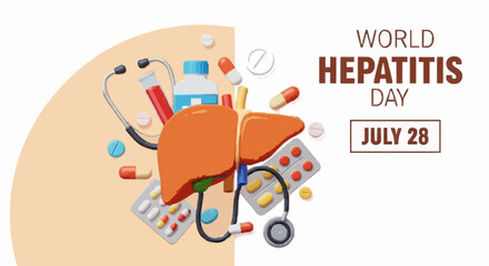 World Hepatitis Day awareness with liver, pills, and medical tools