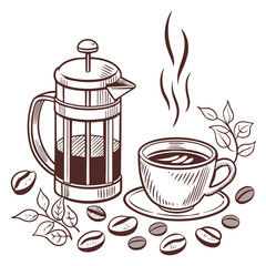 French press coffee cup beans leaves steam coffee beans