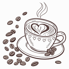 Steaming coffee cup with heart latte art and scattered beans