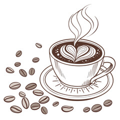 Detailed coffee cup with latte art and scattered beans