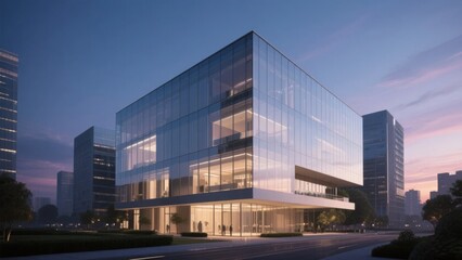 Modern glass building with illuminated interior against a twilight sky
