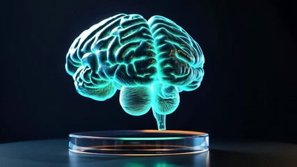 A glowing holographic brain model displayed on a circular base. - Powered by Adobe