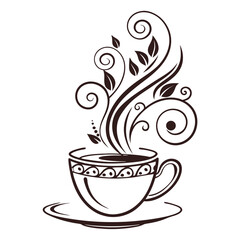 Ornate coffee cup with swirling steam and leaves saucer