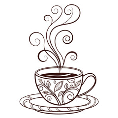 Ornate coffee cup with swirling steam and floral design