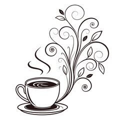 Black coffee cup with swirling floral design saucer