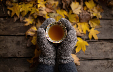 Cozy hands clasp a warm cup of tea amid vibrant autumn leaves on a weathered wooden surface, inviting relaxation and comfort