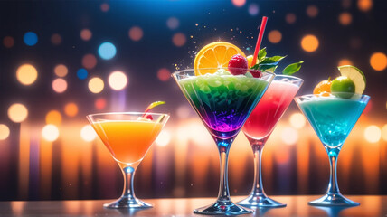 Colorful Cocktail Collection with Fruit Garnish on Bar, Nightlife Concept