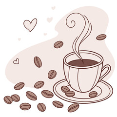 Steaming coffee cup with scattered beans and hearts