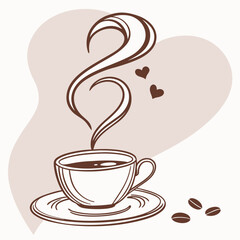 Coffee cup with steam and hearts saucer coffee beans