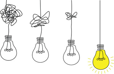 Idea and Clarity Concept – Four Hanging Light Bulbs with Tangled Wires and One Illuminated Yellow Bulb Featuring Straight Wire in Minimalist Style on White Background