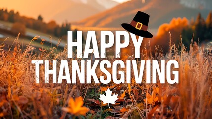 Happy thanksgiving greeting with a festive pilgrim hat and maple leaf against a warm autumn landscape