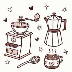 Coffee grinder moka pot cup and spoon vector