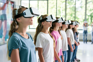 Diverse group of students wearing VR headsets in a bright modern classroom with photorealistic lighting. Natural postures and reactions create an engaging, futuristic learning environment background