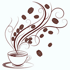 Abstract coffee cup with swirling vines and beans saucer