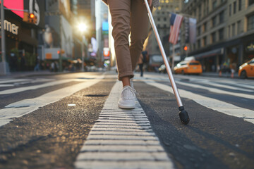 Visually impaired person using a smart cane with sensors, walking on a city street in daytime. Photorealistic image showcasing inclusive technology and urban accessibility background