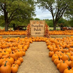 Pumpkin patch filled with vibrant orange pumpkins and decorative autumn sign in green park. Fall harvest, seasonal celebration, and Thanksgiving concept for greeting card, or holiday advertising.