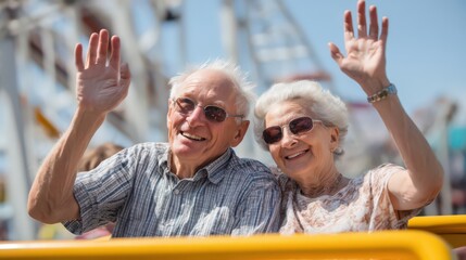 Elderly couple waving hands on a ferris wheel ride smiling with sunglasses in the bright sunlight