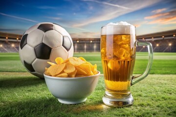 Crisp glass of cold beer with white foam, bowl of golden potato chips, and classic soccer ball on green stadium grass at sunset. Leisure, match day, relaxation, and friends gathering concept