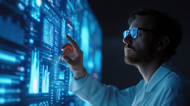 Man in lab coat interacts with futuristic blue screen interface with data and charts displayed on screen