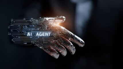 A metallic hand with ai agent text and circuit board patterns on a dark blurred background