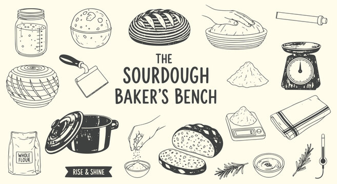 Hand drawn sourdough baking illustration set with artisan bread, starter, and kitchen tools. Vintage sketch collection for bakery branding, homemade recipes, food blogs, and packaging design.