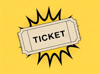 Torn movie ticket stub on bright yellow background with burst design  