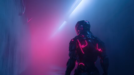 Rear view of futuristic figure with pink glowing lines in a neon lit corridor environment scene