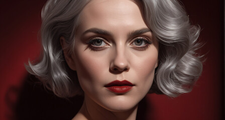 Fototapeta premium Subtle profile portrait of a elegant white woman with fair skin, wavy silver‑gray hair, green eyes and bold red lips under soft even lighting against a deep red background