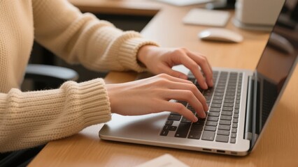 Person typing on a laptop keyboard at a wooden desk