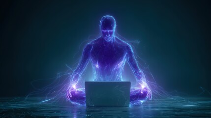 A glowing blue figure meditating with a laptop in front of them against a dark teal background