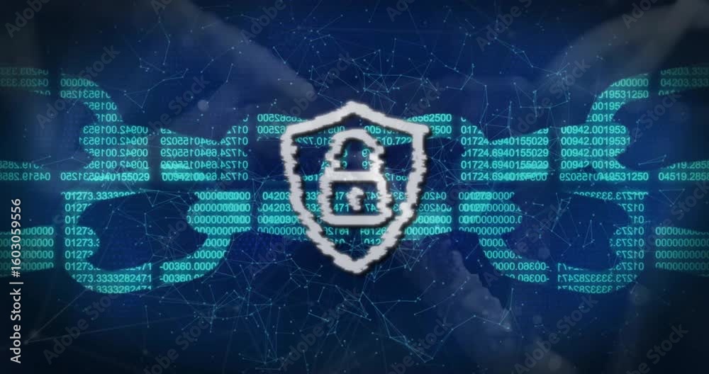 Poster streaking code initiating chain framing, glitching shield reforming showing blockchain security