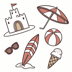 Cute hand drawn beach vacation icons sandcastle umbrella