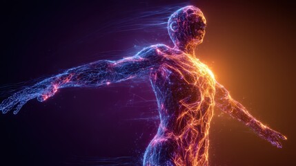 Illuminated figure with outstretched arms against a dark background with glowing connections