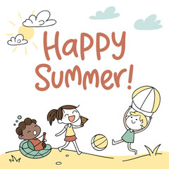 Happy summer children playing beach ball vector