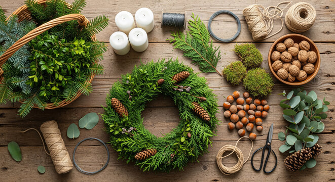 DIY Christmas wreath with pinecones, greenery and natural materials &ndash; crafting supplies arranged on rustic wooden table

