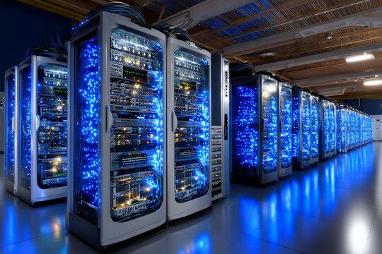 Futuristic data center with blue led servers in a technology facility