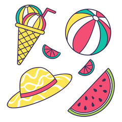 Summer beach party icons with ice cream and watermelon