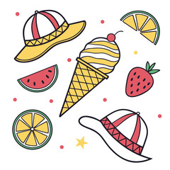 Summer icons ice cream strawberry watermelon citrus