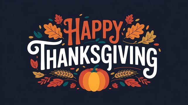 Festive happy thanksgiving message surrounded by autumn leaves and a pumpkin on a dark background - Powered by Adobe