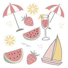 Fototapeta premium Summer vacation beach party with fruit drinks and sailing