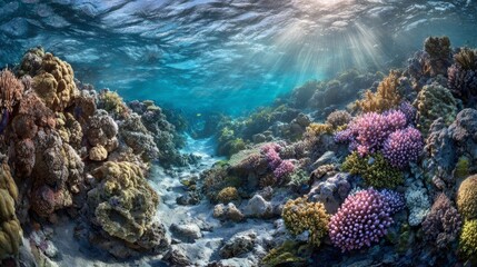 A beautiful underwater scene with a bright sun shining on the ocean